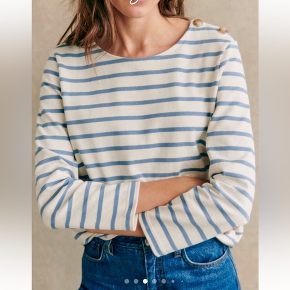 Sezane Sweaters - Sezane Colette Mariniere Long-Sleeved in Vintage Blue and Ecru Organic Cotton